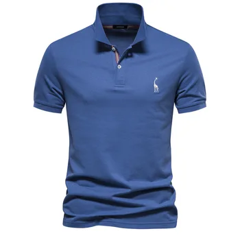 T-Shirt Basic da Uomo a Maniche Corte con Colletto Ricamato, Stampa di Cervo in Tinta Unita, Polo in Cotone di Alta Qualità per Abbigliamento Casual Estivo