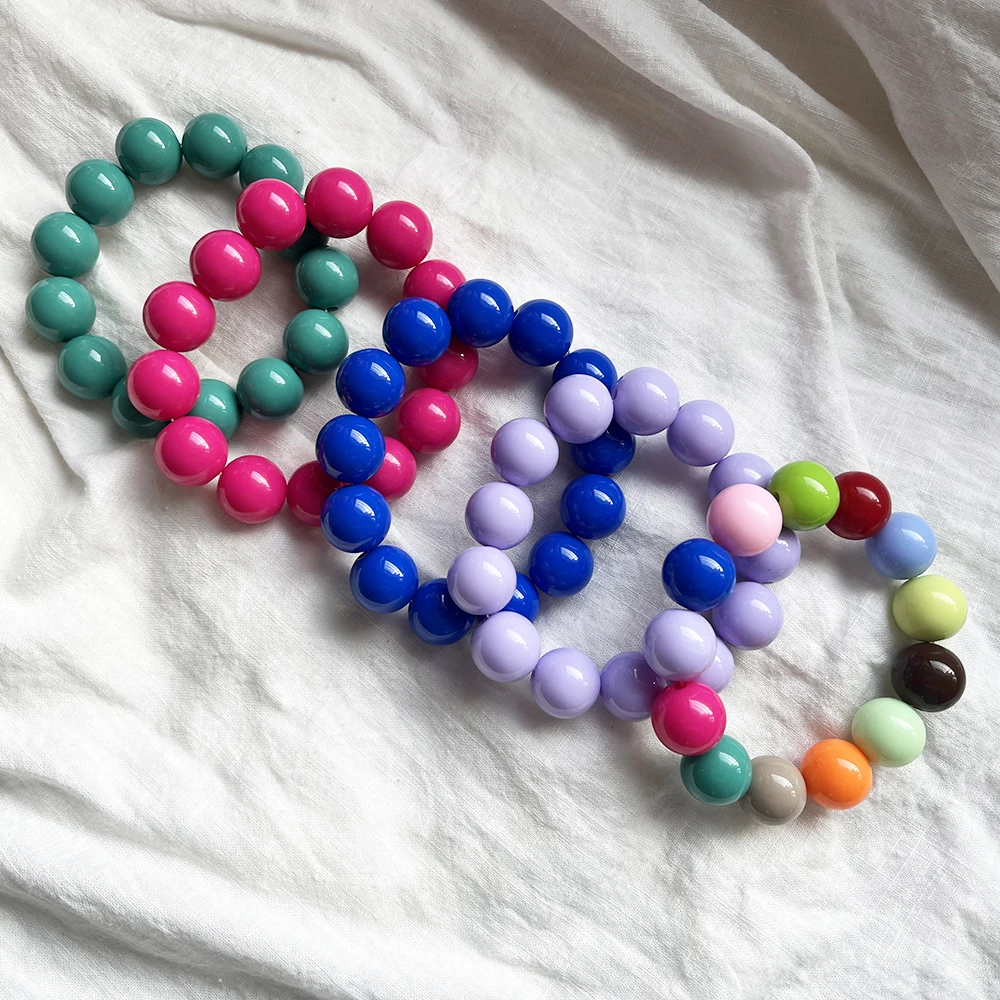 Cute Sweet Colorful Acrylic Big Bead Chunky Bracelet Fluorescent Hand Beaded Simple Bangles Summer Spring Jewelry Accessories 5