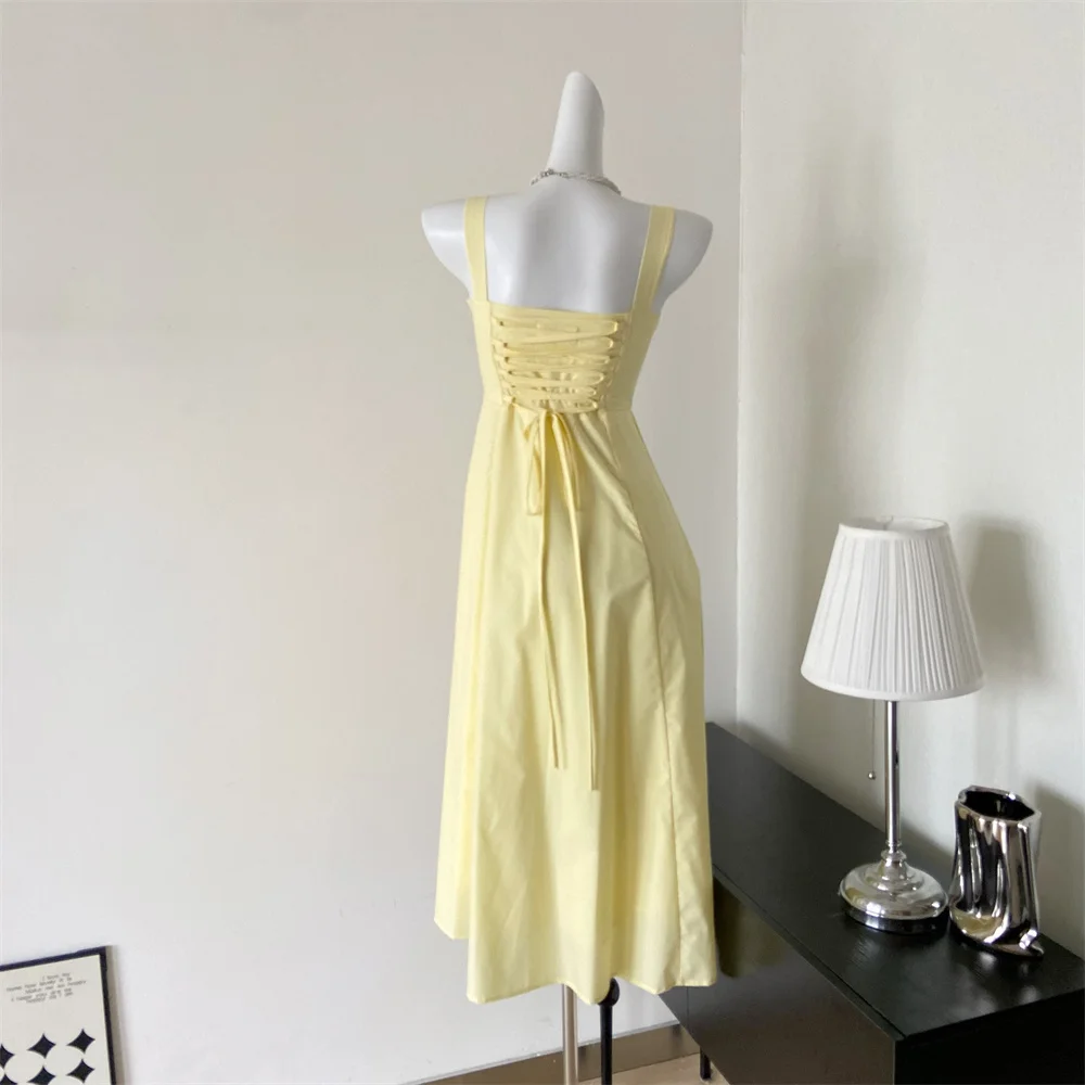 French Vintage Strap Birthday Party Dress High Split Lace-up Summer Off Shoulder A-line Sleeveless Prom Robe Solid Vestido Mujer