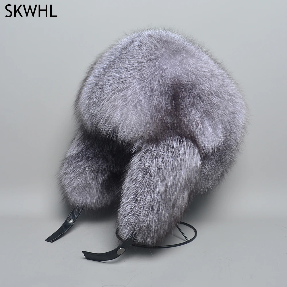 Genuine Silver Fox Fur Hats Men Real Raccoon Fur Lei Feng Cap