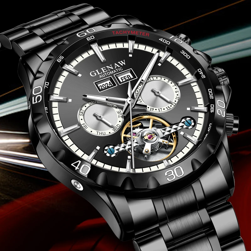 GLENAW High-end Hollow Flywheel Fully Automatic Mechanical Men's Dual Calendar Watch Waterproof Luminous Stainless Steel Watch 6