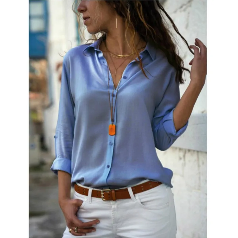 

Fall New Women's Solid Color Turn Down Collar Button Women's Long Sleeve Shirt Female Casual Slim Single-breasted Blouse Tops