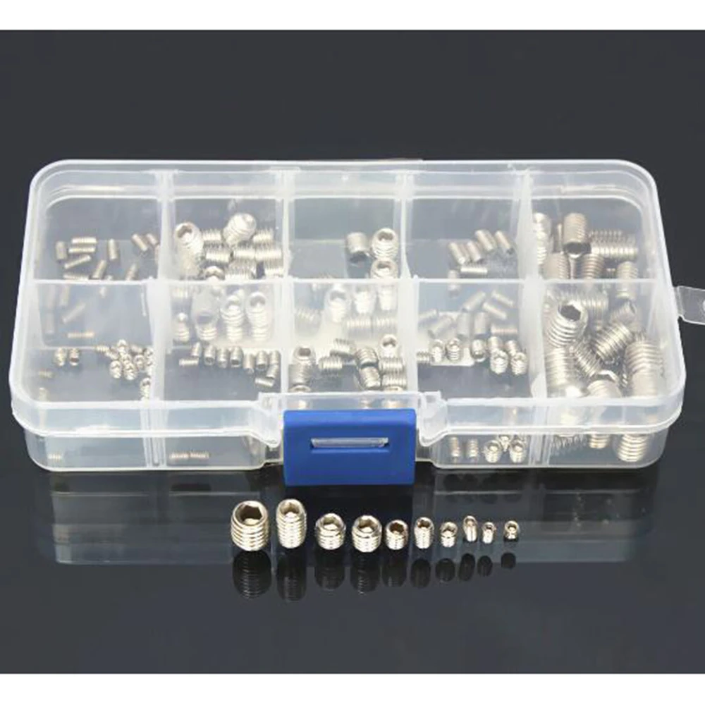 200pcs Stainless Steel Allen Head Socket Hex Grub Screws Fastening Screw Flat Assortment Set