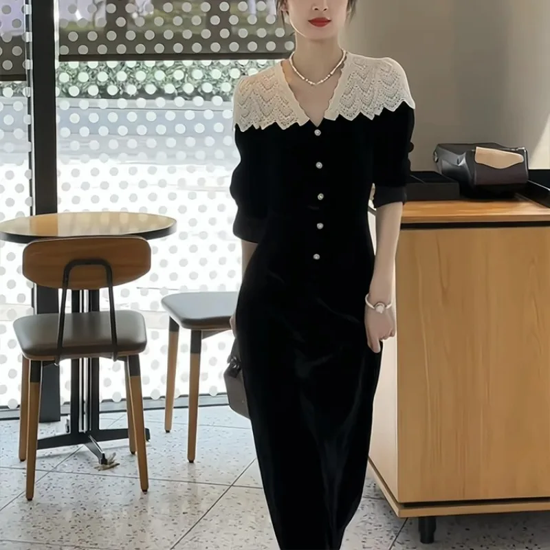 

High Grade Vintage Gentle Fashion Party Dresses V Neck Lace Contrast Color Patchwork Robe Femme Chic Buttons Slim Split Vestido