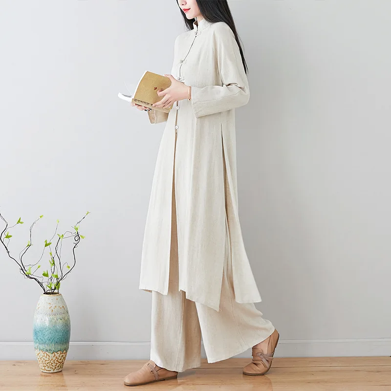 Spring Autumn Long Sleeve Cotton and Linen Tea Clothes Buddhist Chinese Style Suits for Women Kung Fu Uniform