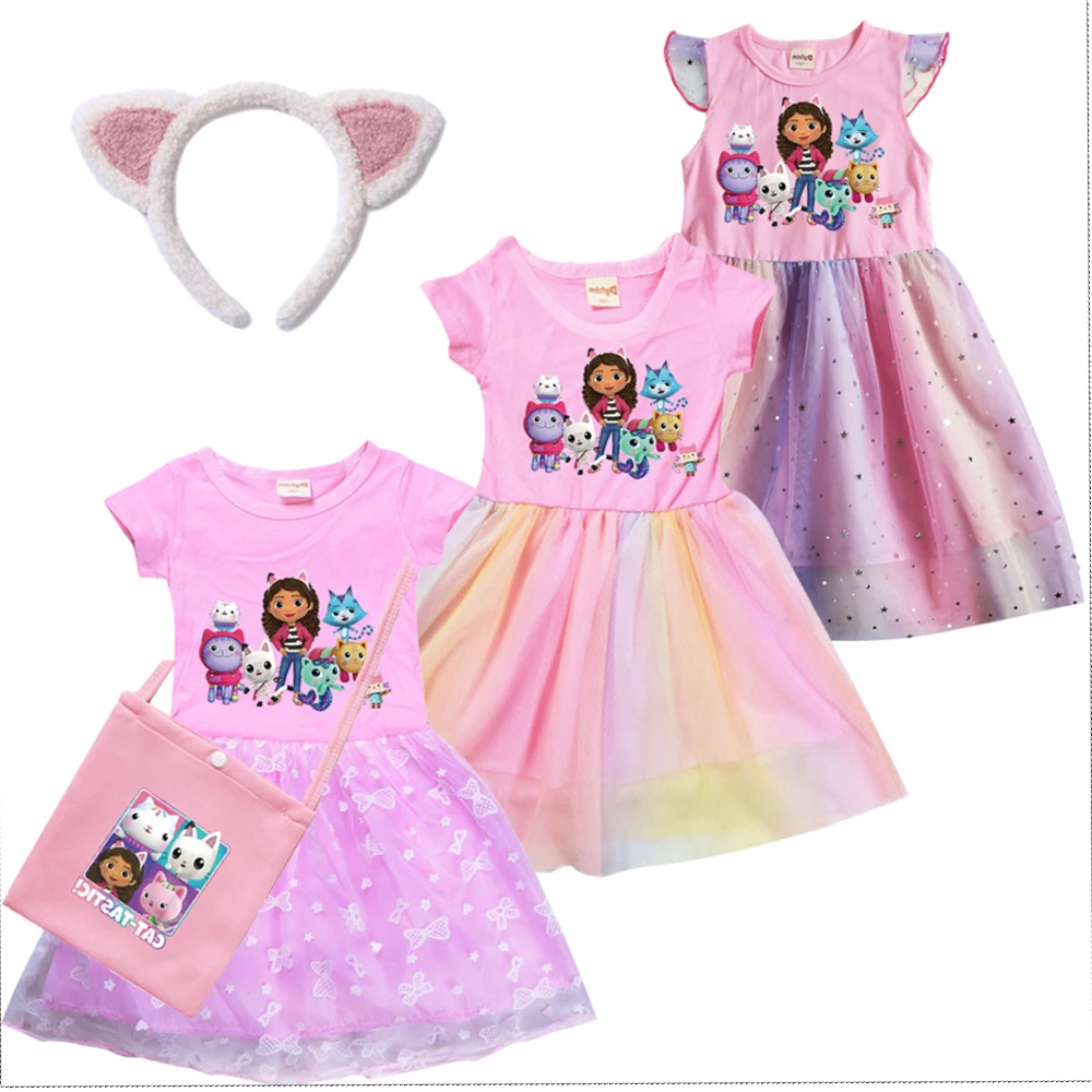 Girls Summer Dresses Gabbys Dollhouse Girls Cat Tastic Costumes Kawaii Kids Birthday Party Princess Dress with Headwear Bag