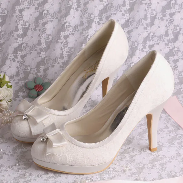 

Wedopus High Heel Red Wedding Lace Shoes Closed Toe Bow Platform Bridal Prom Pumps