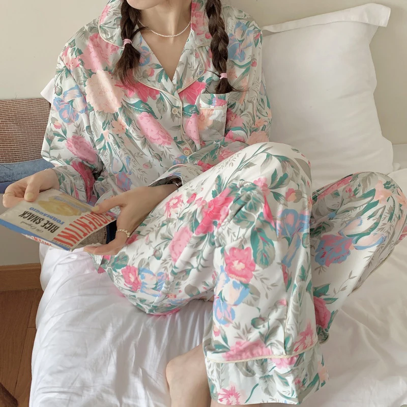 Summer Silk Ice Silk Women's Pajamas Long Sleeve Set Household Set Thin cardigan Small lapel Oil Painting Sweet Casual Silk