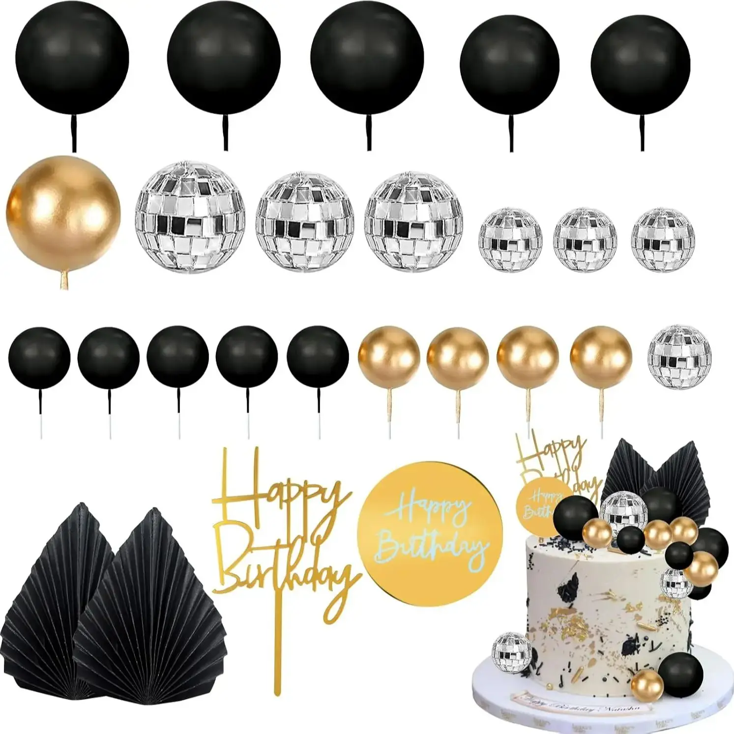 Description Picture 2 of item25pcs Man Cake Topper Disco Ball Palm Leaves Black Gold Boho Cake Decoration for Boy Bohemian Wedding Baby Shower Birthday Party