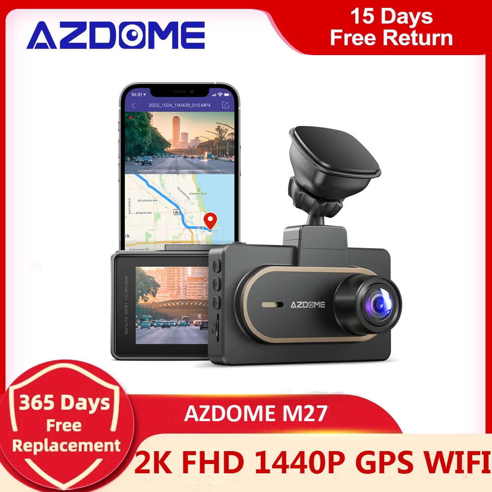 

AZDOME M27 Car DVR 2K FHD 1440P Dash Cam Built-in WIFI 3inch IPS Screen Car Recorders Parking Monitor,G-Sensor,Loop Record