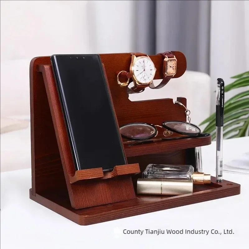 Solid Wood Phone Stand Desktop Creative Storage Rack Multifunctional Hanging Watch Glasses Key Accessories -1pcs 2