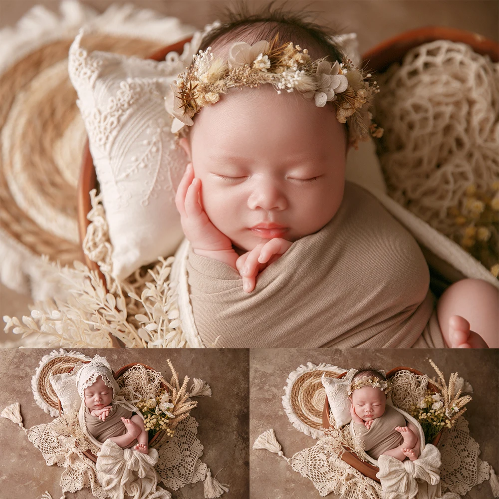 Newborn Photography Studio Shooting Props Hat Cotton Stretch Wrap Headflower Tassel Blanket Round Mat Artificial Flowers Props