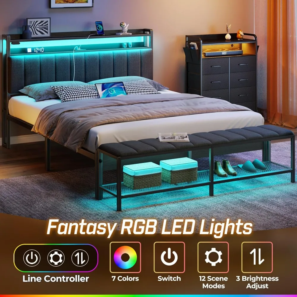 Full Bed Frame, with Charging Station & LED Lights, Upholstered Headboard with Storage Shelves, No Box Spring Needed, Bed Frame 2