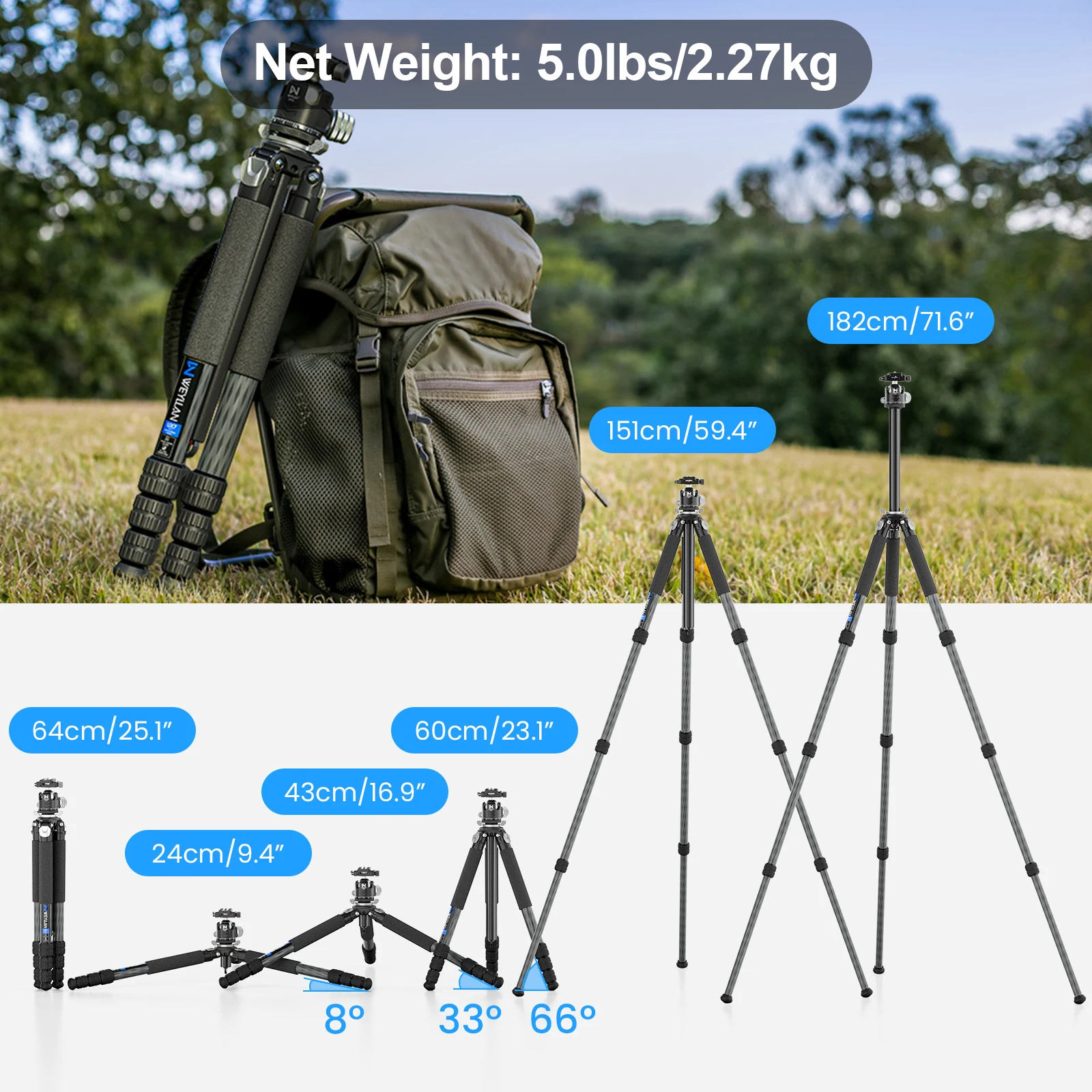 WEYLLAN UX7 Compact Carbon Fiber Tripod Professional Travel Tripod with Quick Release Clamp Compatibility Arca Swiss/Picatinny camera tripod photography tripod