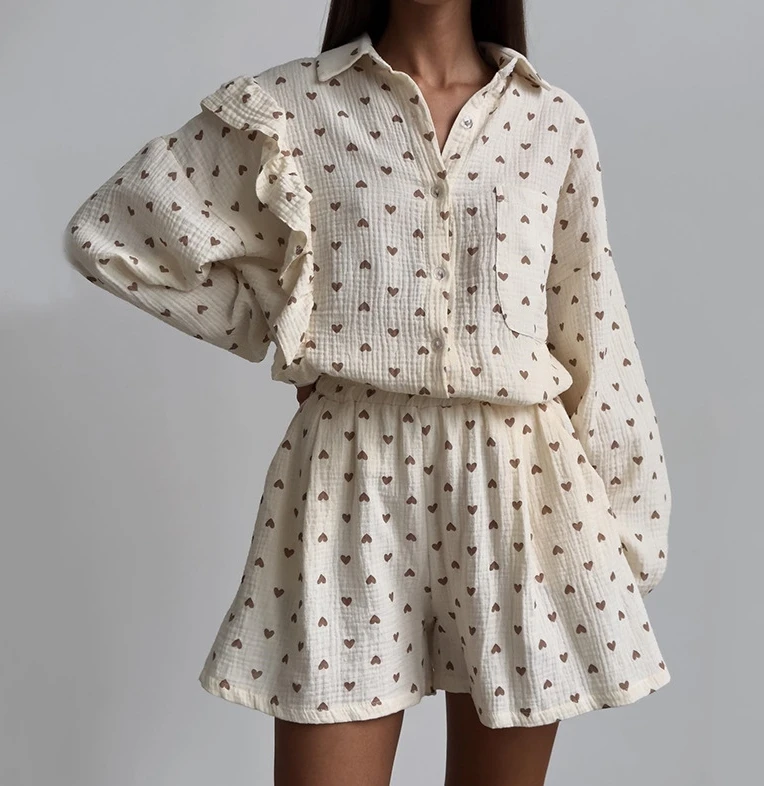 Summer New Ruffle Edge Love Printed Shirt Wide Leg Shorts Casual Set Sweet and Elegant Home Clothing Set for Women