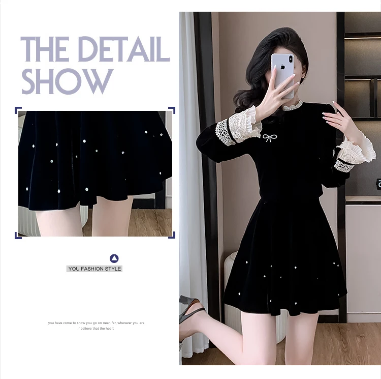 Autumn Elegant Velvet Two-piece Skirt Set Women Long Sleeve Lace Patchwork Crop Top Mini Skirt Korean Fashion Y2K Chic Outfits