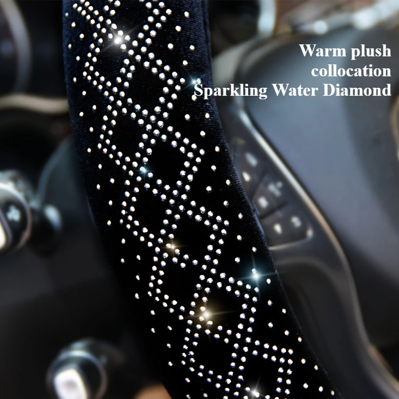 15 Inch Rhinestone Steering Wheel Cover - Plush Bling Cover With Anti-Slip Lining (Black, Universal Fit)
