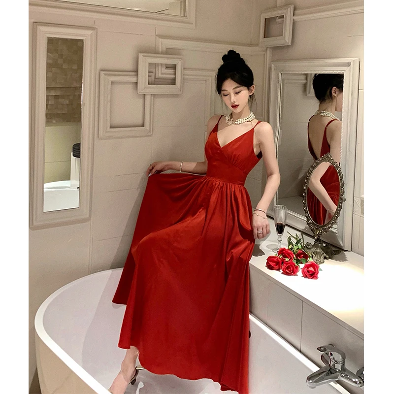 Sexy Spaghetti Strap Evening Party Dress V-neck A-line Solid Vintage Long Dresses for Women Wedding Prom Robe One Piece Vestidos