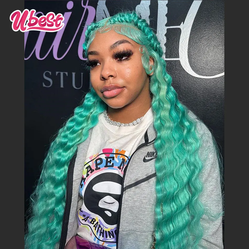 13X6 Turquoise Cyan Wig Human Hair Colored Loose Deep Wave 13x4 Lace Front Human Hair Wigs for Women