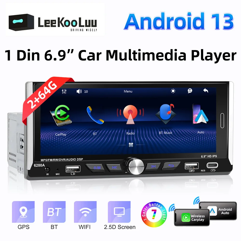 LeeKooLuu 6.9 2.5D IPS 안드로이드 13.0 자동차 라디오 1 딘 센터 멀티미디어 플레이어 2G + 64G GPS 스테레오 블루투스 Carplay 안드로이드 자동