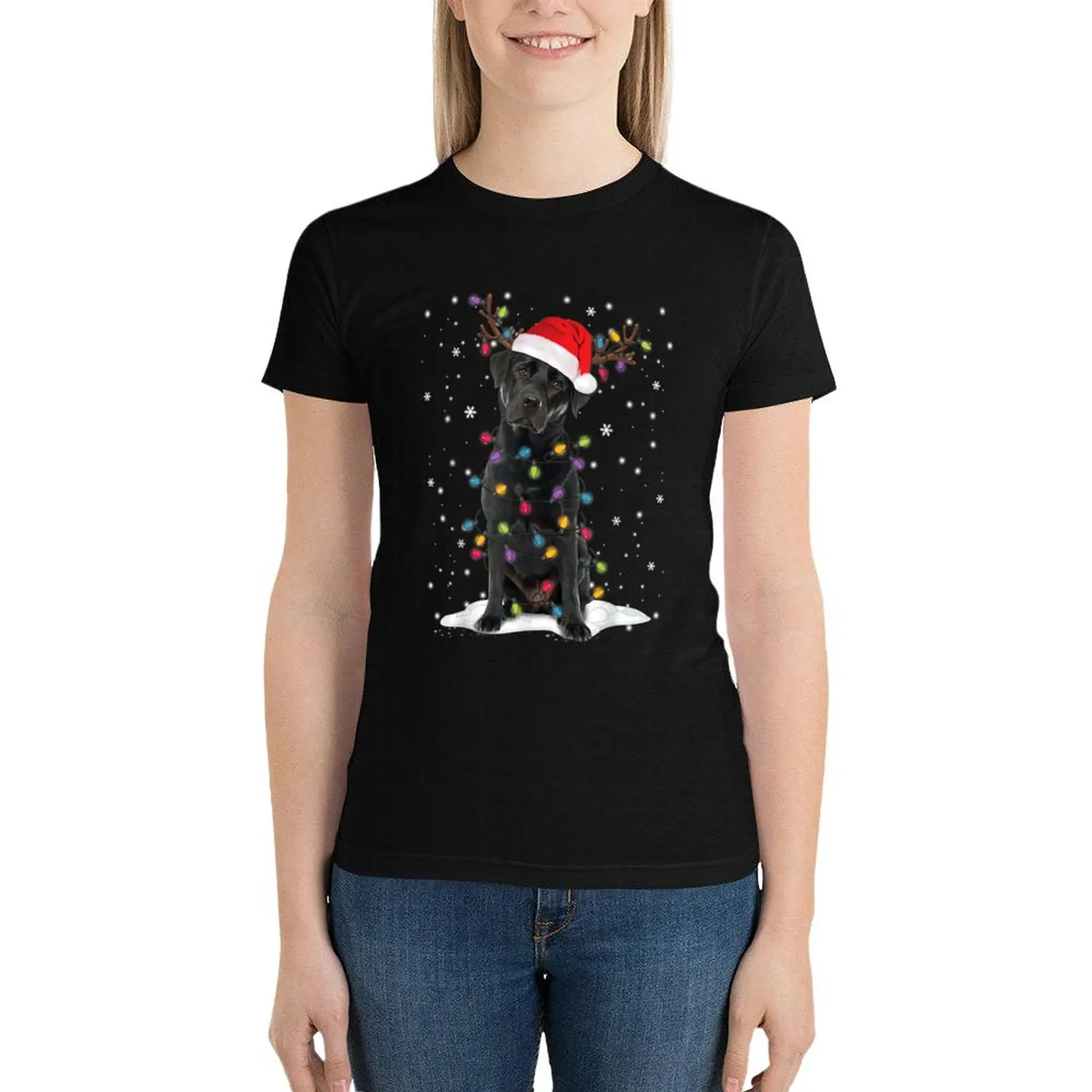 

Black Labrador Xmas Dog Christmas Tree Light T-Shirt Short sleeve tee tees funny t-shirts for Women loose fit