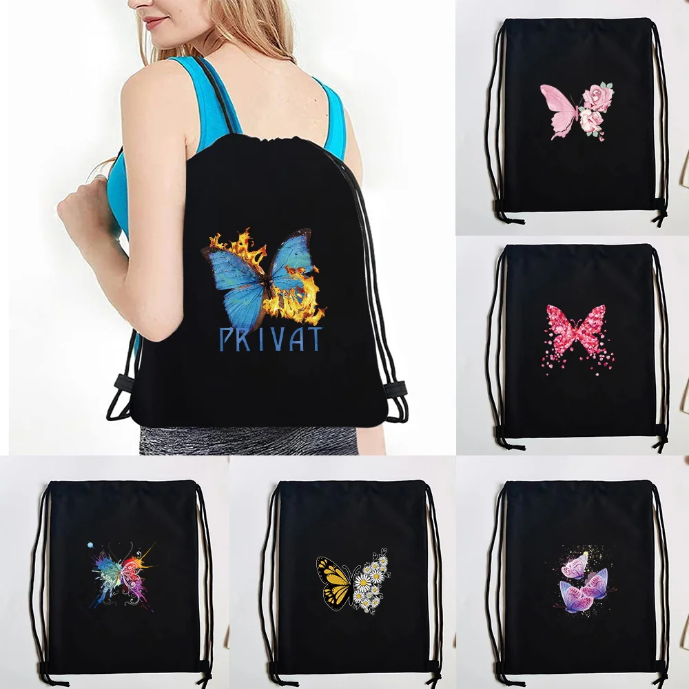 Practical All-match Knapsack School Pack Teenager Canvas Drawstring Backpack Fashion Butterfly School Gym Drawstring Bags Casual