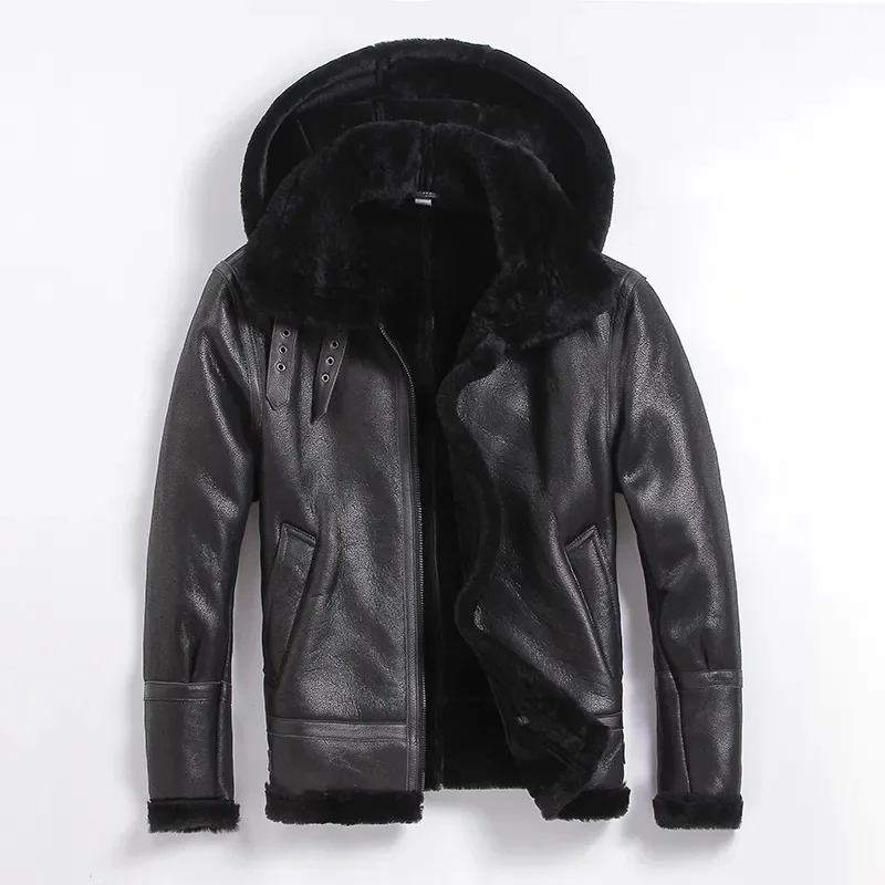 

Men's Genuine Sheepskin Lambskin Shearing Leather Coat Male Pilot Jacket Wool Cashmere Liner with a Hood Hat Black 3xl 4xl 5xl