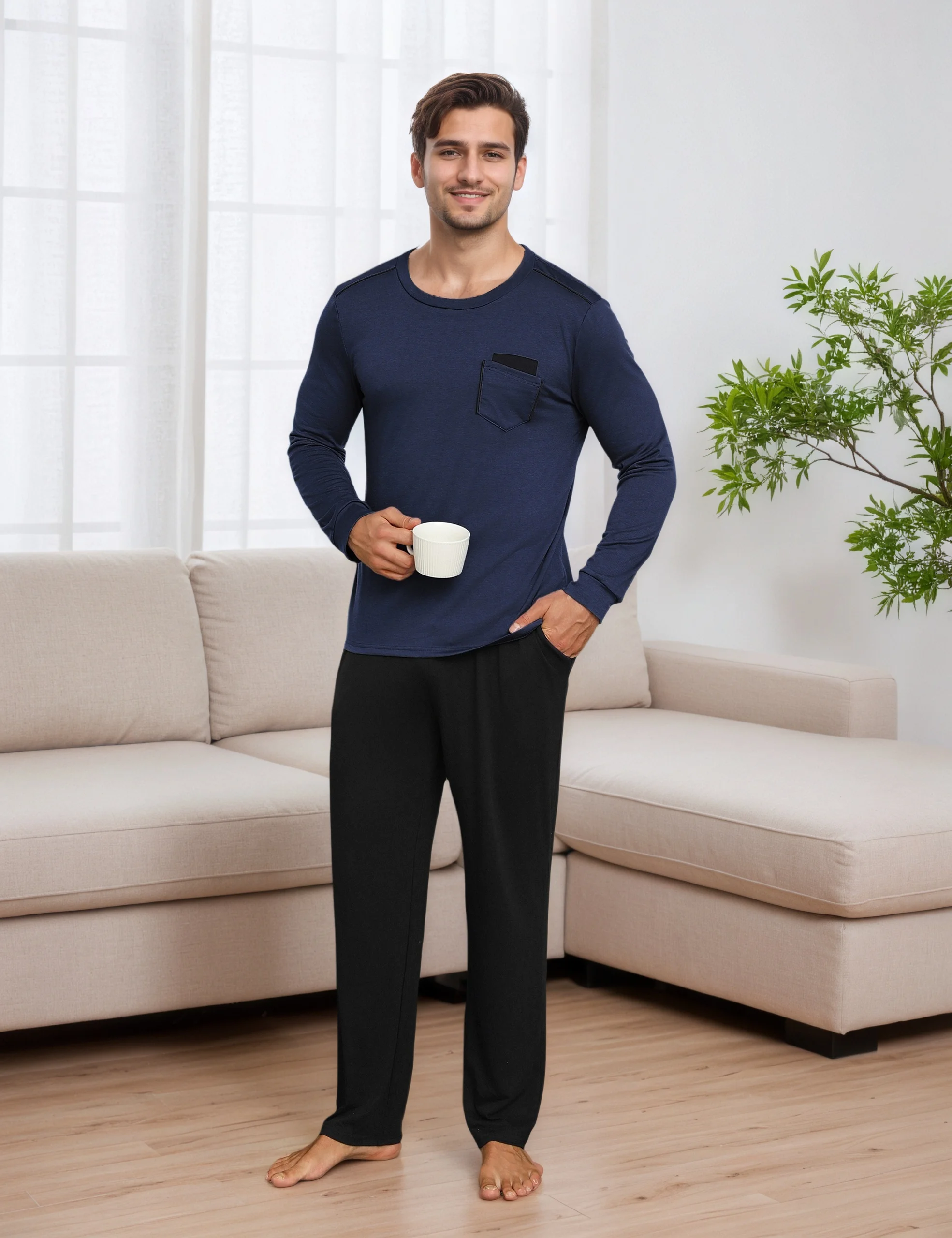Herren-Pyjama-Set, langärmliges Oberteil mit Rundhalsausschnitt und Freizeithose aus Baumwolle, Winter-Pyjama-Set für Herren, Loungewear. – Detail 5