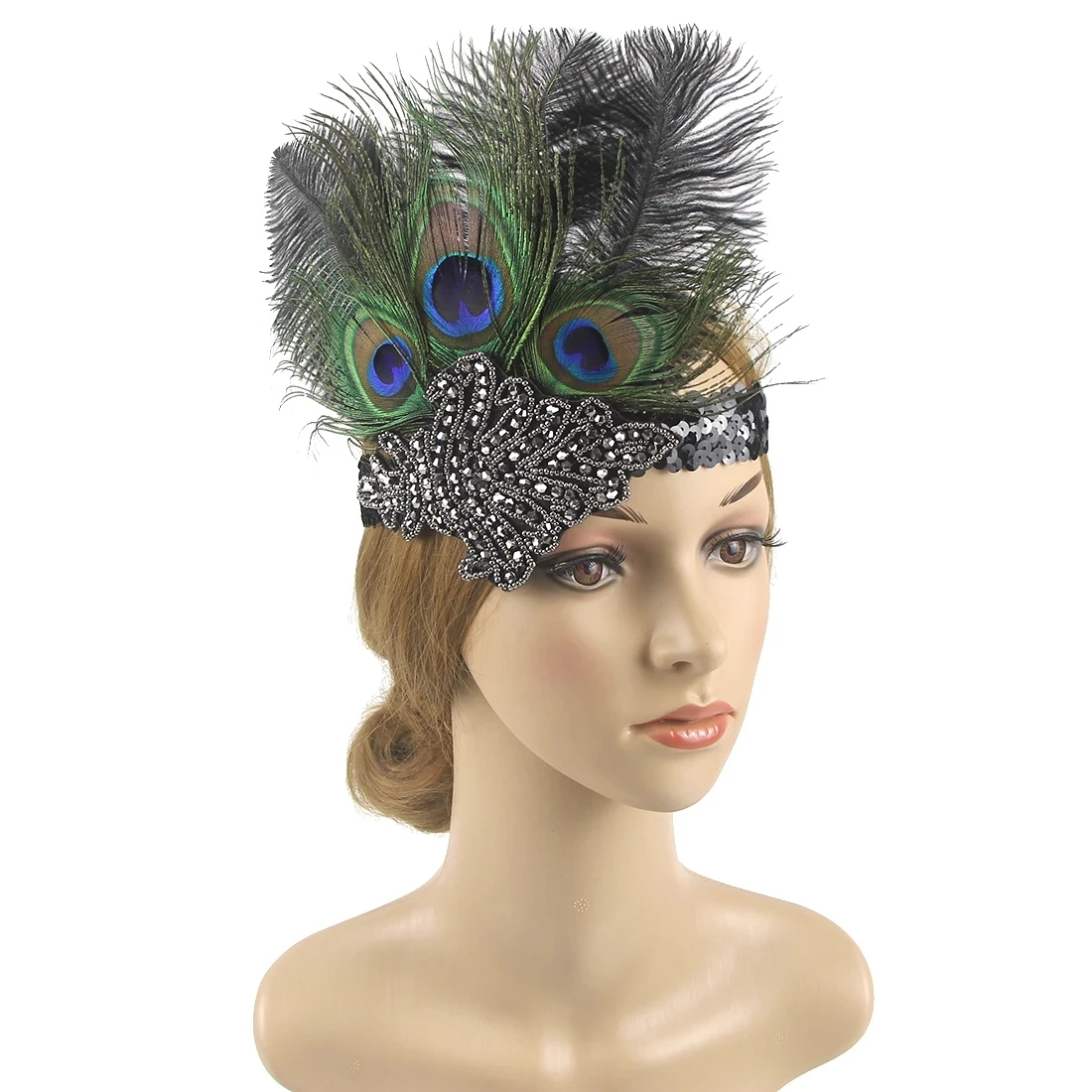 

1920s Flapper Gatsby Peacock Feather Headband, 20s Beaded Showgirl Headpiece, Feather Elastic Hair Band