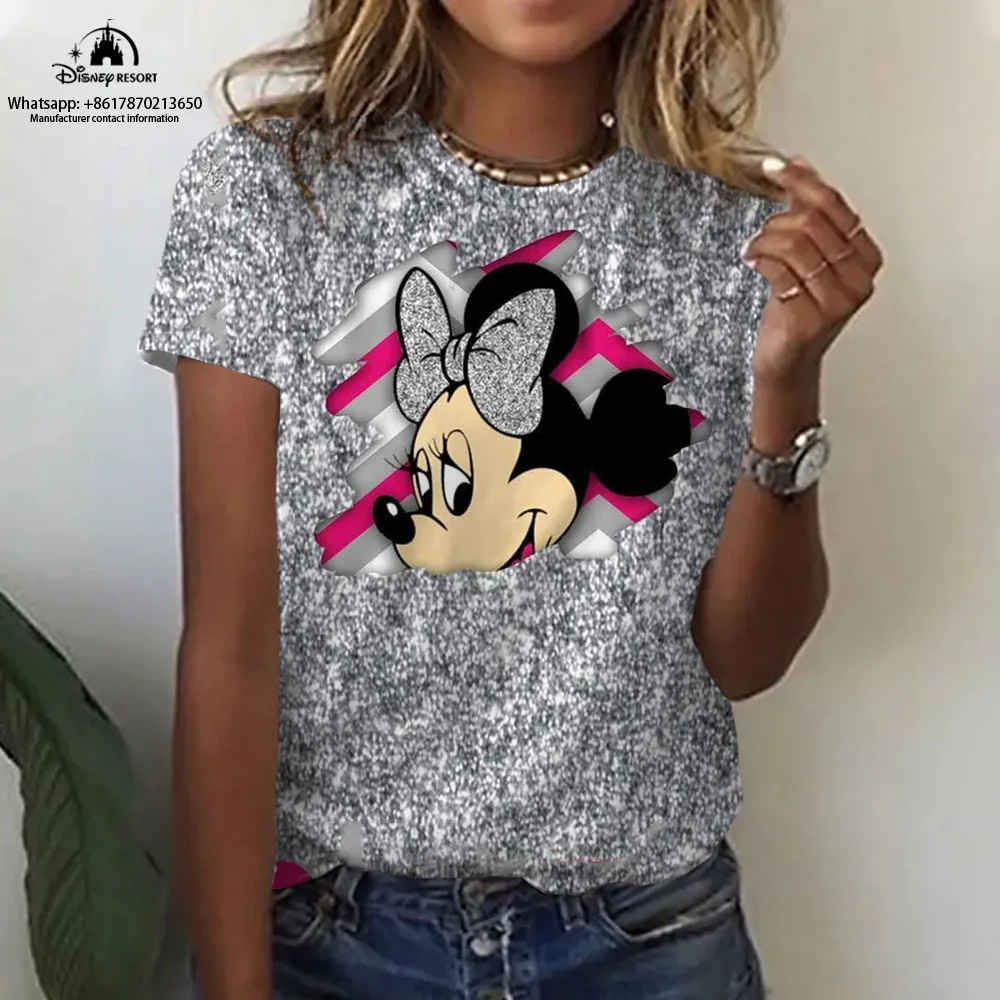 

Summer new Disney Mickey Minnie anime 3D printing women's T-shirt O-neck pullover short-sleeved casual street loose T-shirt tops