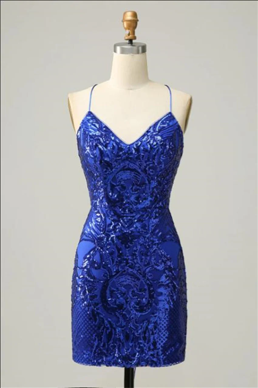 

Royal Blue Homecoming Dresses 2023 Short Sexy Spaghetti Straps Sheath Party Vintage Elegant Sequin Party Sleeveless Party Sexy