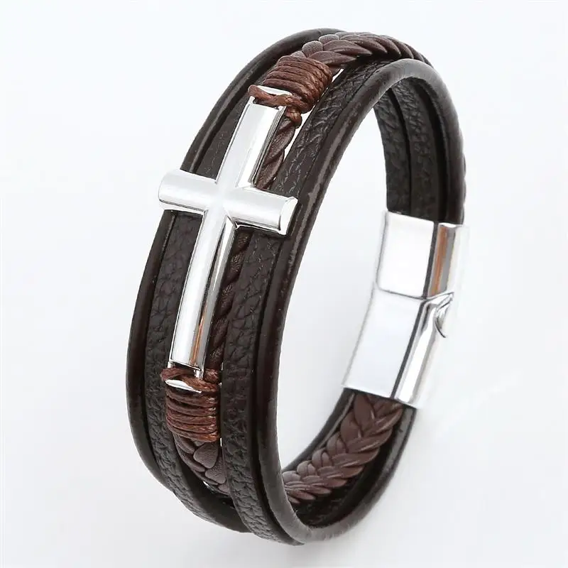 Men's Multicolor Cross Design Leather Bracelet with Classic Metal Clasp - Stylish Gift