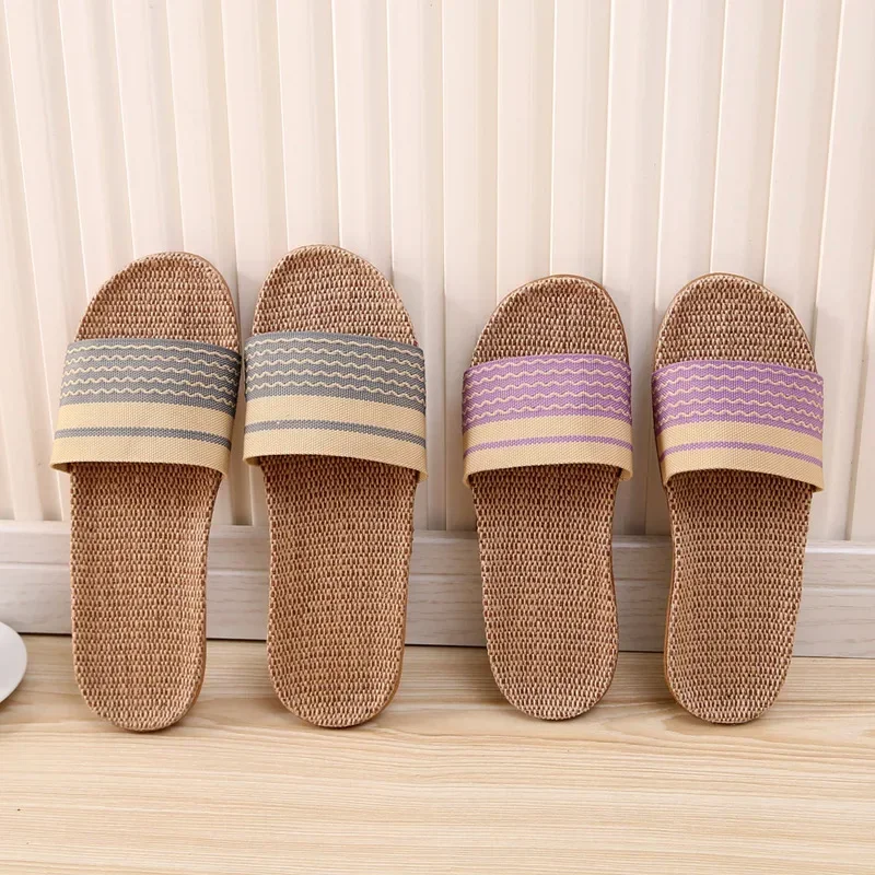 남녀공용 용수철 빨대 매트, 등나무 잔디 실내 샌들, 대나무 직조 슬리퍼, 가정용 바닥, 실내 린넨 슬리퍼, 여름