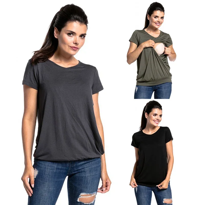 Women's Short Sleeve Pure Colour Tops Breastfeeding Nusring Maternity Clothes Pregnant Blouse   for