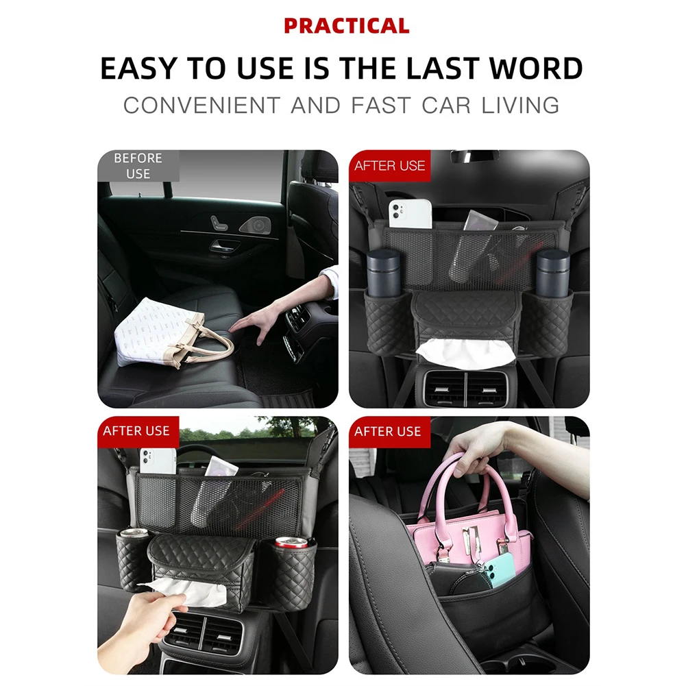 Leder Auto Sitz Mitte Kleiderbügel Lagerung Tasche Auto Handtasche Halter  Zwischen Sitze Tissue Wasser Tasse Taschen Verstauen Aufräumen Universal -  AliExpress