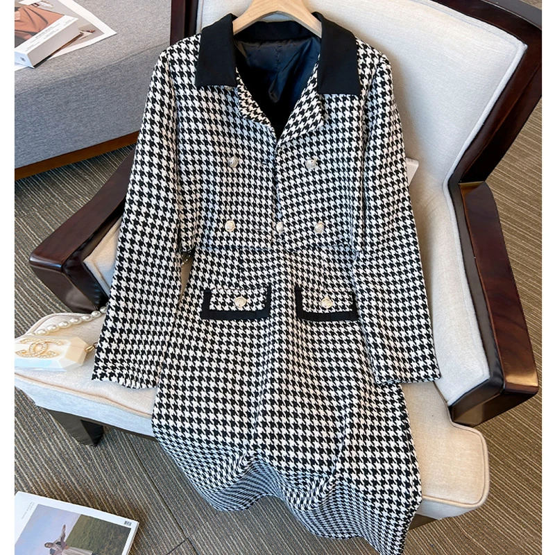 

Осенне-зимний элегантный клетчатый комплект из двух предметов для женщин 2023 пиджак и платье на бретельках большой размер 4XL женский свободный офисный костюм
