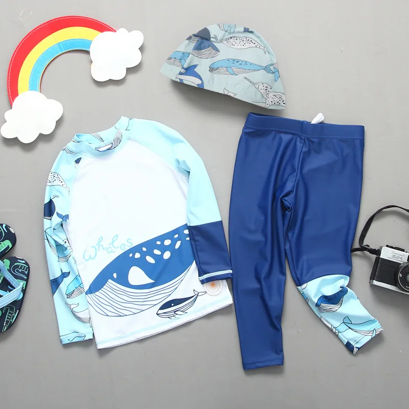 

2023 Long Sleeve Children Bathing Clothes Cartoon Baby Boy Swimsuit Outdoor Beach Kids Swimwear Top Pants Cap 3 PCS Wetsuit