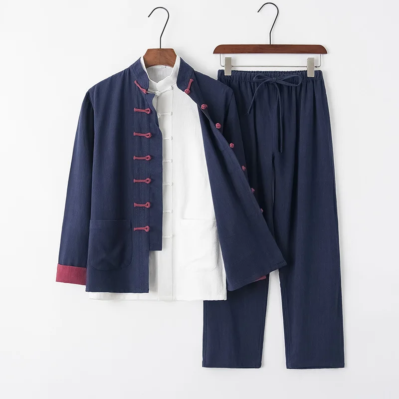 Chinese-style Men Cotton Linen Tang Suit Long-sleeved Trousers Three-piece Suit Linen Hanfu Retro Meditation Buddhist Clothing