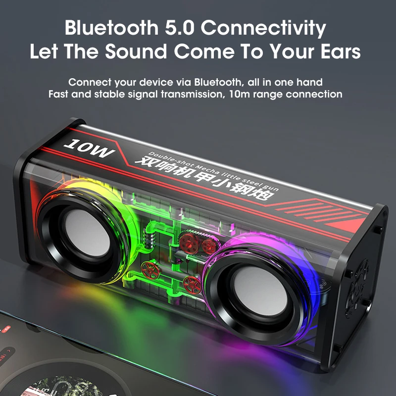 V8 Transparent Mecha Bluetooth 5.0 Wireless Music Speakers with Bass Diaphragm Subwoofer TWS RGB Light Mini Party Loudspeaker