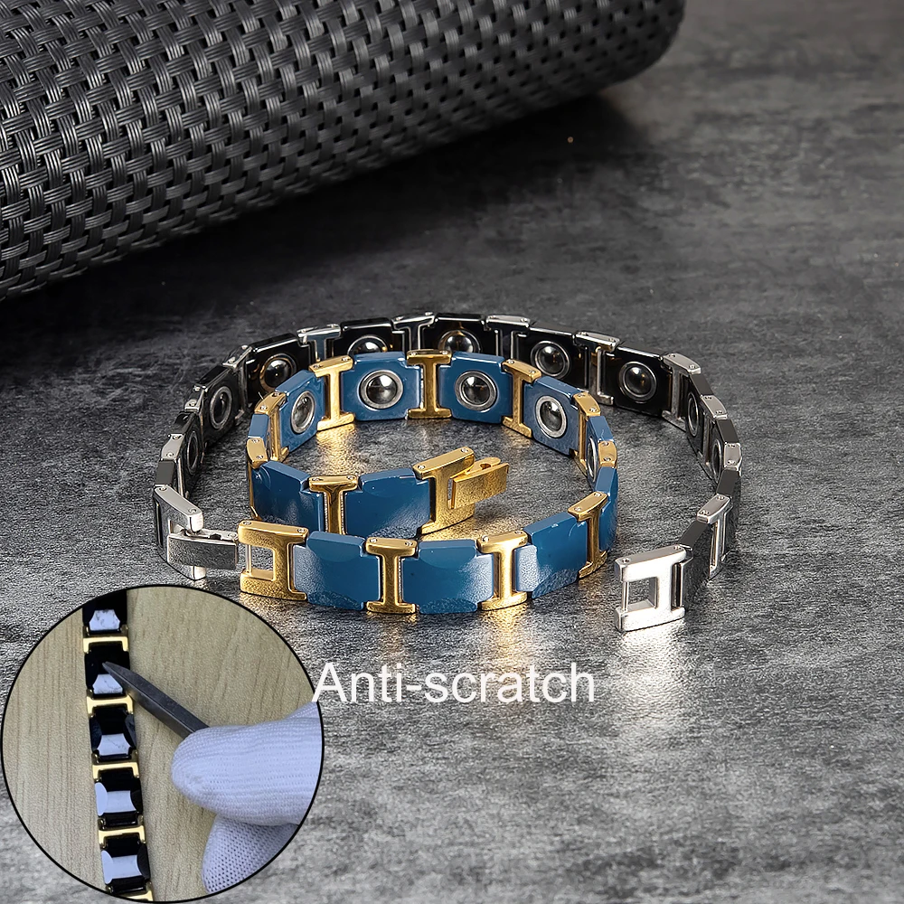 Bracciale in ceramica antigraffio Vinterly per uomo Blue Gold-color Energy Magnetic Hematite benefit 21CM gioielli Punk impermeabile