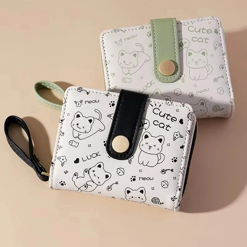 1pc Cute Cat Girls Wallet Short Student ID Bank Card Holder Money Bag Zipper Wallets for Women Key Storage Purse Coin Purse 1
