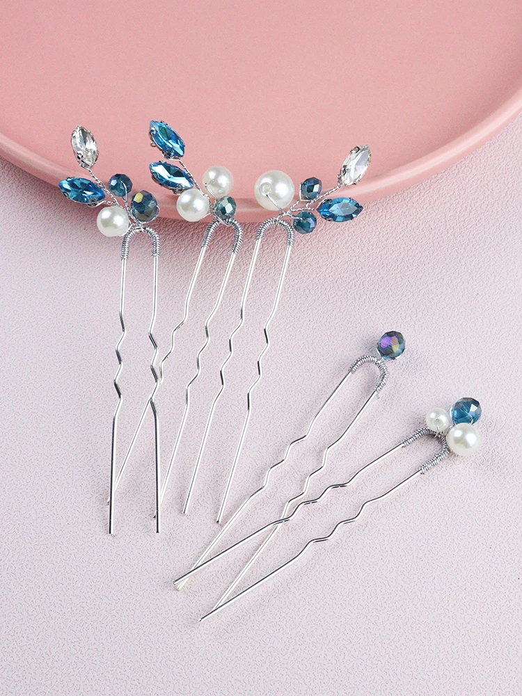 5PCS Light Blue Hair Pins for Women Rhinestone Head Jewelry Handmade Pearls Wedding Hair Accessories Party Bride Clips