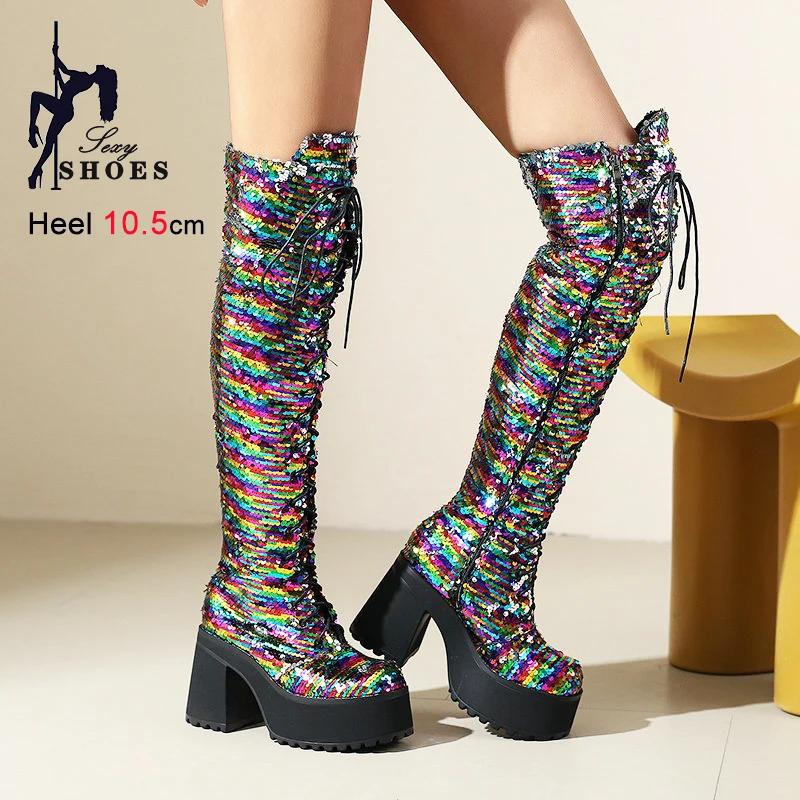Glitter Boots Lace-up Thick Platform Thigh High Nightclub Party Bling Gothic Women Shoes 10.5CM Sparkly Round Toe OverKnee Boots