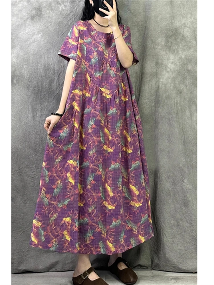 Summer Cotton Vintage Casual Loose Print Women Dresses Short Sleeve Blue Dress Femme Vestidos Office Lady Elegant Long Clothing