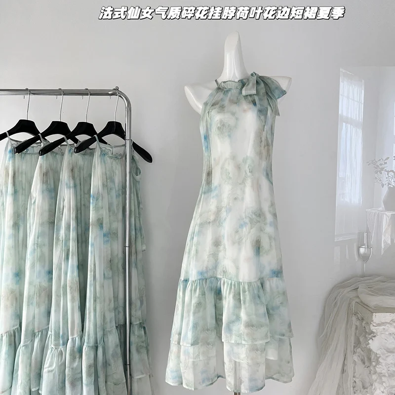 

Милое стильное платье с лямкой на шее, женские сексуальные элегантные женские платья средней длины с открытой спиной, платье с цветочным принтом в стиле ретро