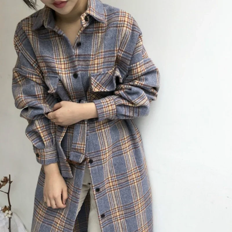 Women Winter Long Elegant Shirt Coat Long Sleeve Plus Size Woolen Plaid Overcoat Long Sleeve Outwear Vintage Autumn Jacket Cloak