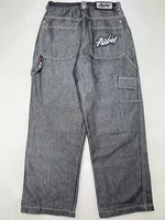 FUBU Jeans Retro Loose Jeans Pocket Embroidery Punk New Hip Hop Rock Men and Womens Streetwear Daily High Waisted Wide Leg Jeans 1
