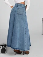Women's denim long half skirt, with large A-shaped loose pleated design, stylish and elegant slanted pocket, nostalgic washed bl - Image 2