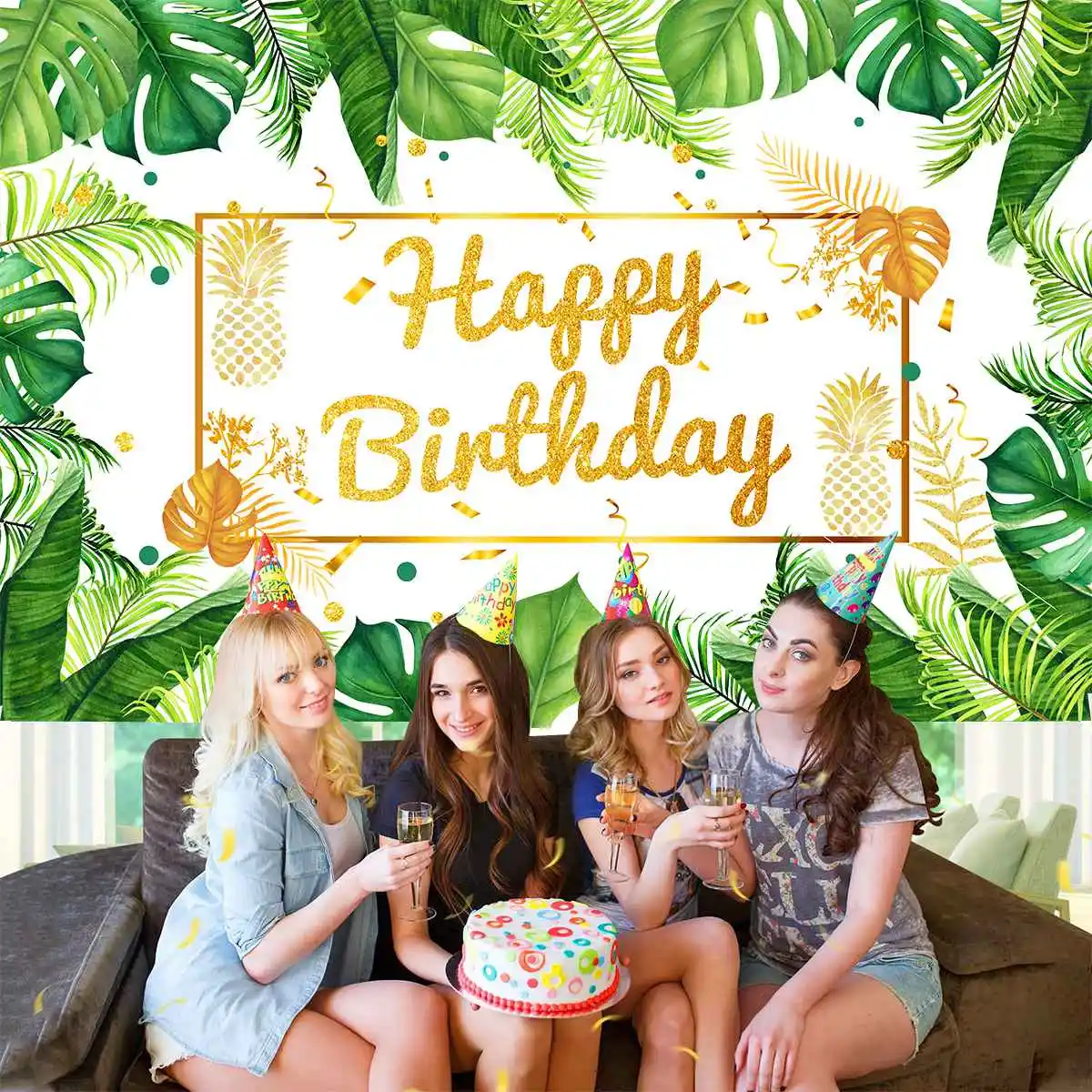 Luau Birthday Party Backdrop Jungle Green Gold Leaves Birthday Decorations Photo Booth Background Party Supplies