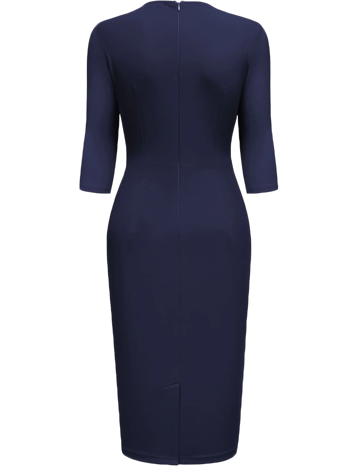 Womens Elegant Round Neck 2/3 Sleeve Work Office Knee Length Solid Business Casual Party Ruched Pencil Bodycon Sheath Dress